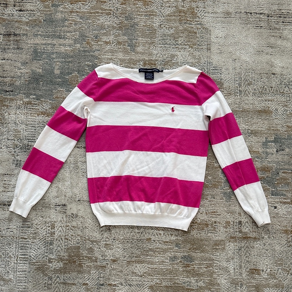 Ralph Lauren Sport Fuchsia and White Striped Sweater